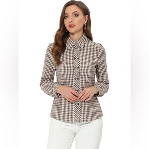 New - Allegra K - Women's Plaid Button Down Top - Brown, Medium
